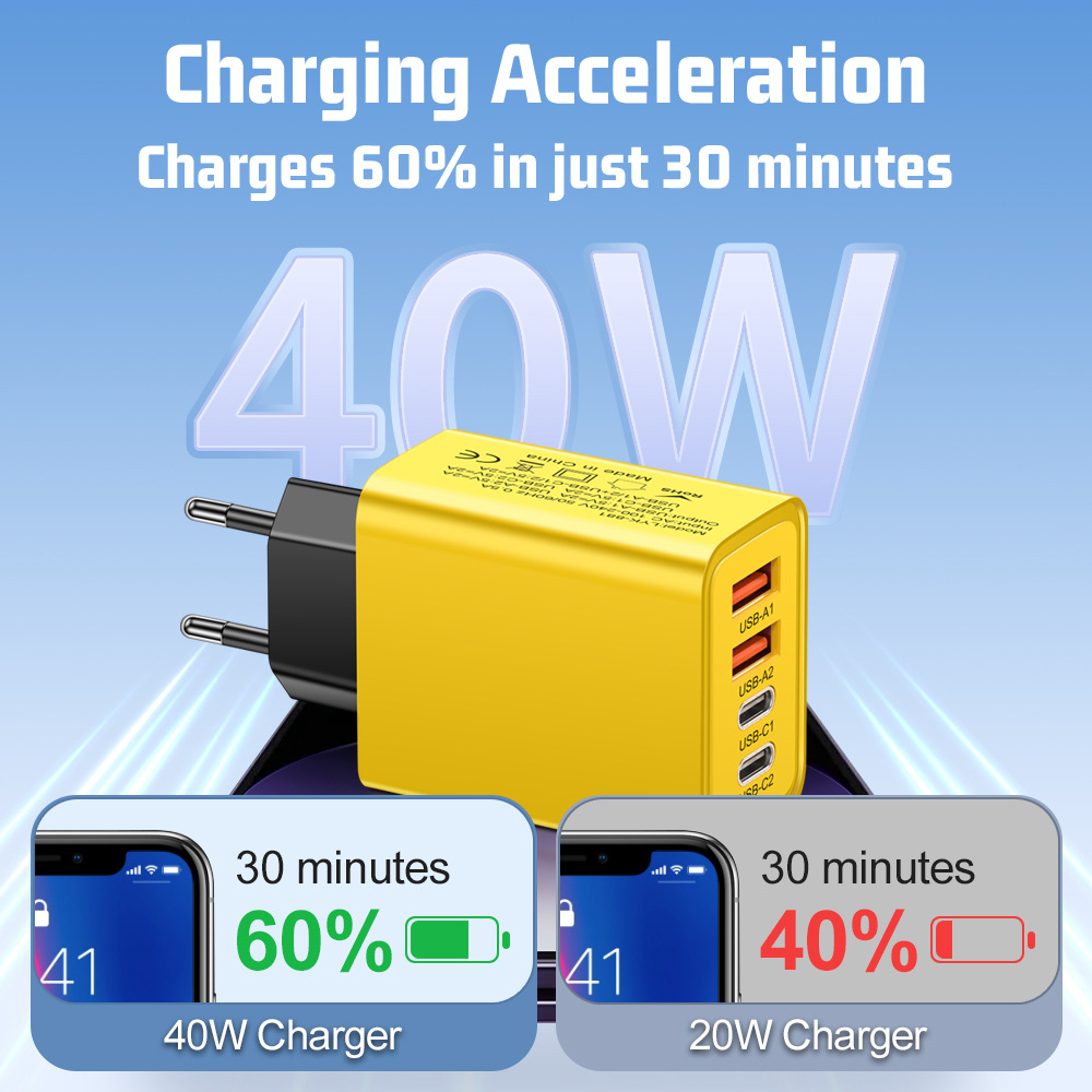 40W 4-Port Block Charging Dual Type C Power Adapter+QC Double USB A Port Wall Plug Multiple Mobile Phone Charger for iPhone Samsung