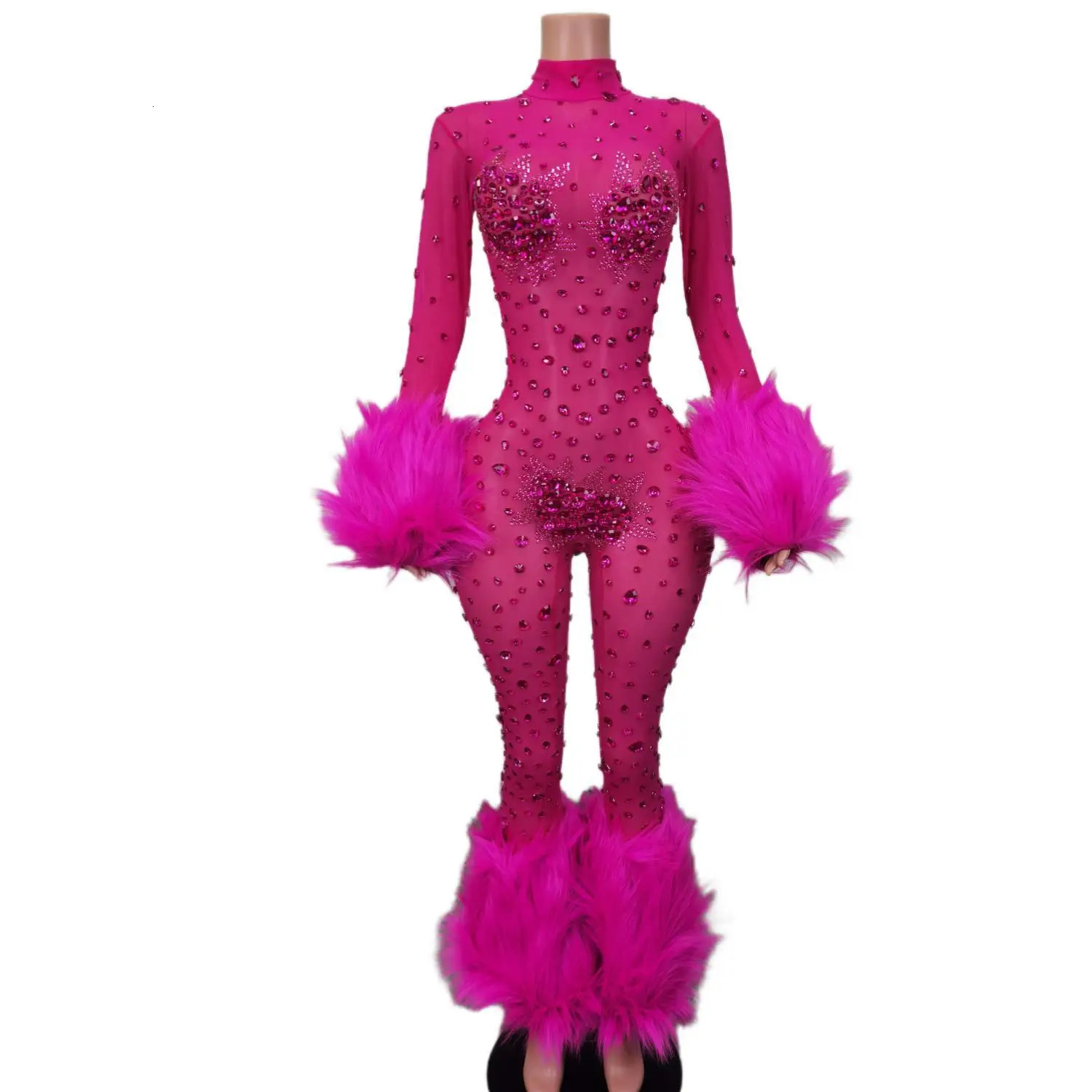 Women Sexy Mesh Bodycon Feathers Shinning Crystal Jumpsuits Nightclub Party Birthday Performance Costume Stage Wear Guibin 241121
