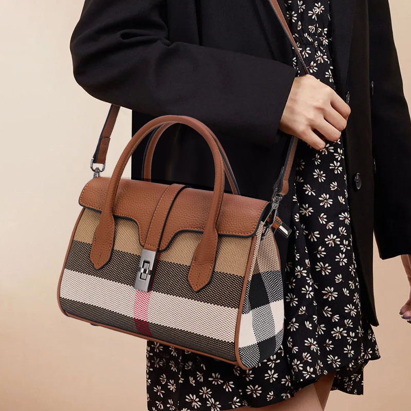 New Plaid Women's Designer Large Capacity Handbag Canvas Patchwork Cowhide Shoulder Bag Boston Bag Crossbody Bag