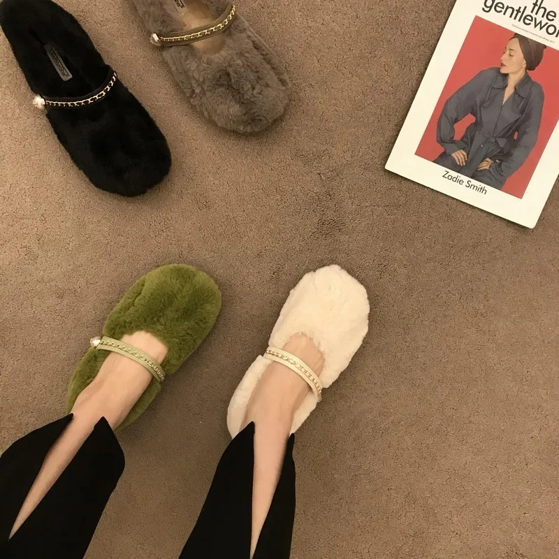 Fur Flats Women Shoes Fashion Mary Janes Shoes Women Warm Plush Loafers Women Fashion Cotton Shoes Femme 241125