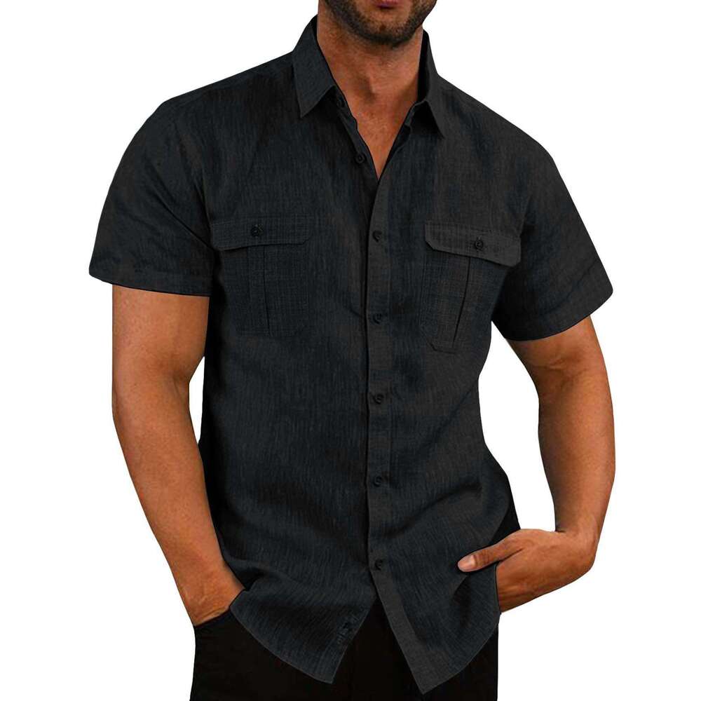European American Men's Shirt With Double Pockets, Cotton And En Short Sleeves, Casual Vacation In 7 Colors