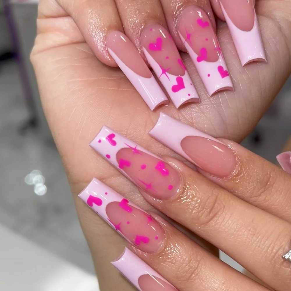 24 Simple French Fake Nails Diamond Ballet Fake Nails Brown Square Nails with Love Design PressW241125