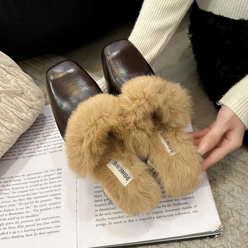 Winter Women Fur Shoes Elegant Fashion Closed Toe Mules 5cm High Heel Height Shoes Lady Sexy Chunky Soft Warm Slippers 241125