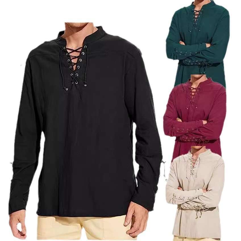 Men's New Cotton And En Henry Shirt Long Sleeved Hippie Casual Beach Stand Up Collar Ing European Size B3