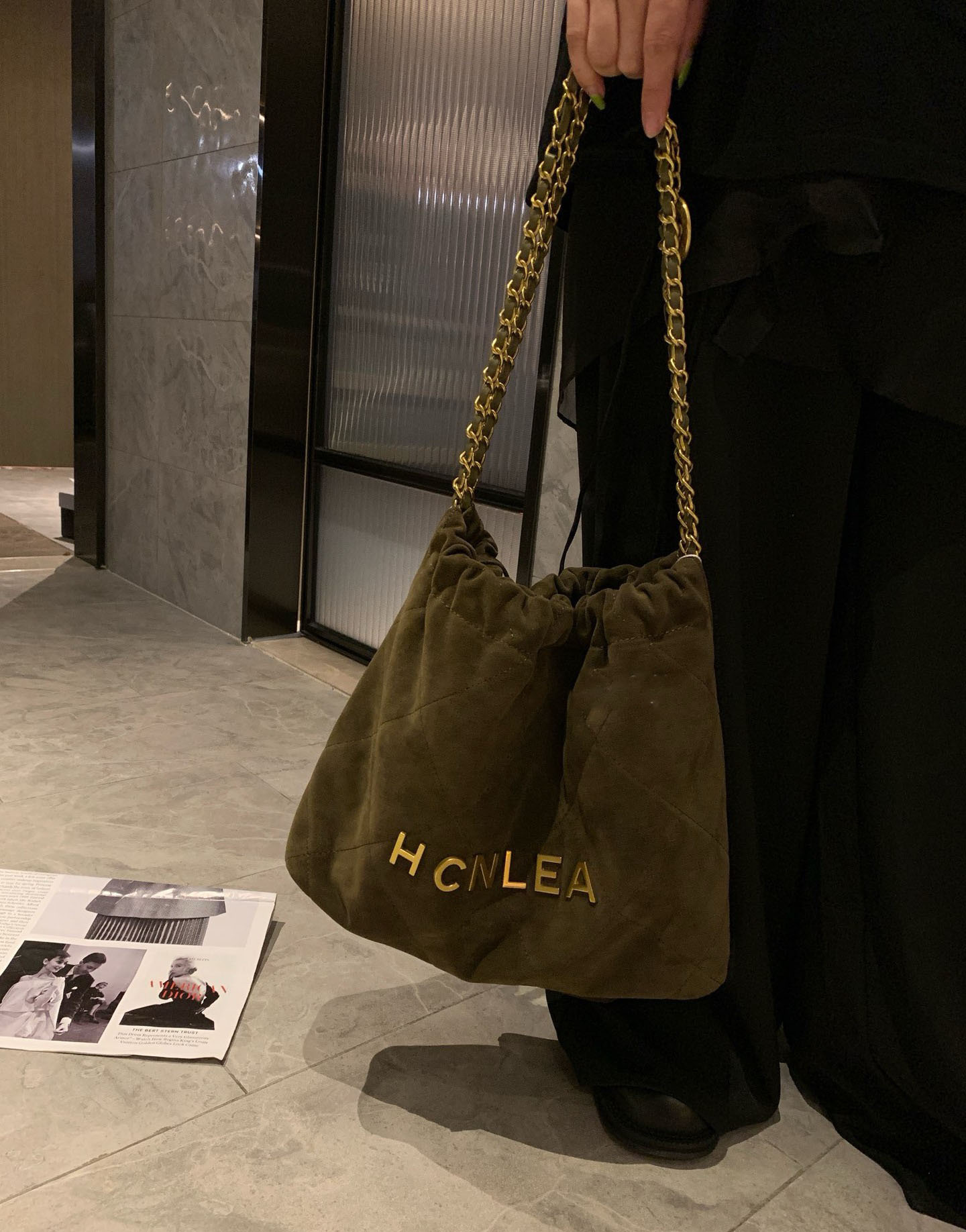 Women Genuine Leather Large Capacity Chain Ed Plaid Tote Suede Armpit Bucket Bag String