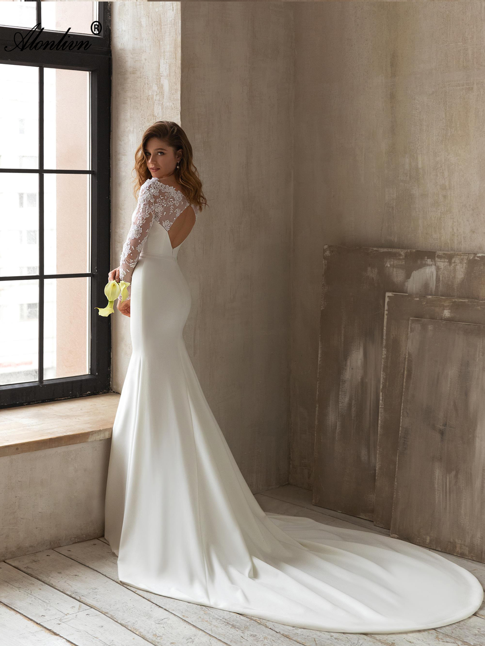 Elegant Satin Ruched Jewel Mermaid Wedding Dress With Backless Beading Lace Full Sleeves Trumpet Bridal Gowns 2024