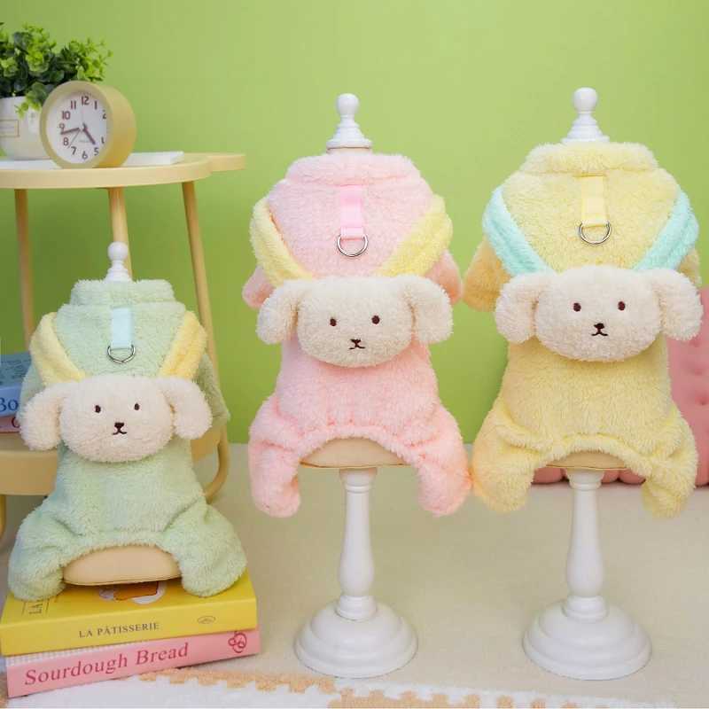 Warm Soft Flannel Pet Clothes for Dogs Girl or Boy Cartoon Bear Design Dog Shirt Coat Jacket with D-ring Leash Home PajamasXJ241125