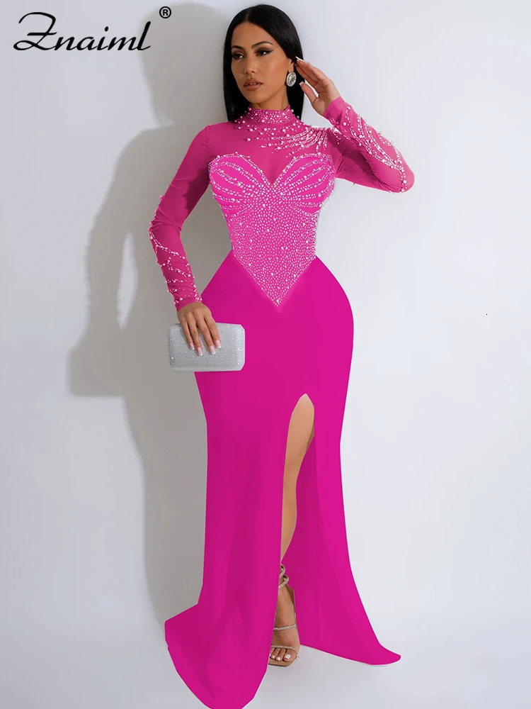 Znaiml Elegant Wedding Even Mesh See Through Patchwork Long Dress Woman Diamonds Rhinestone Mermaid Prom Formal Birthday 240420