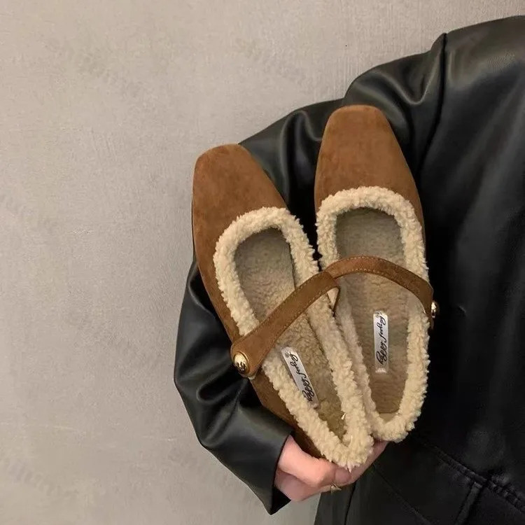 Square Toe Cosy Lambs Wool Ballet Flats Woman Warm Teddy Fur Mary Jane Shoes Ladies Leopard Elegant Fluffy Plush Loafers 241125