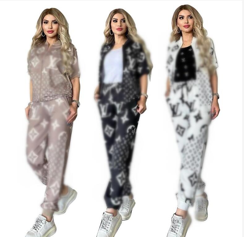 Brand new Two Piece Pants Tracksuit Women Casual Print short sleeves thin Jacket and Sweatpants Sets Casual Outfits