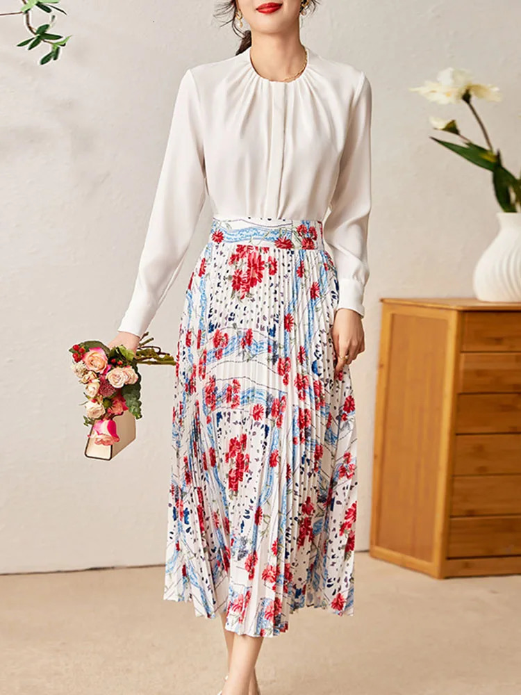 ZJYT 2 Piece Dress Sets Women Long Sleeve White Shirt Pleated Skirt Suit Spring Outfit Runway Floral Print Conjuntos De Vestidos 240423