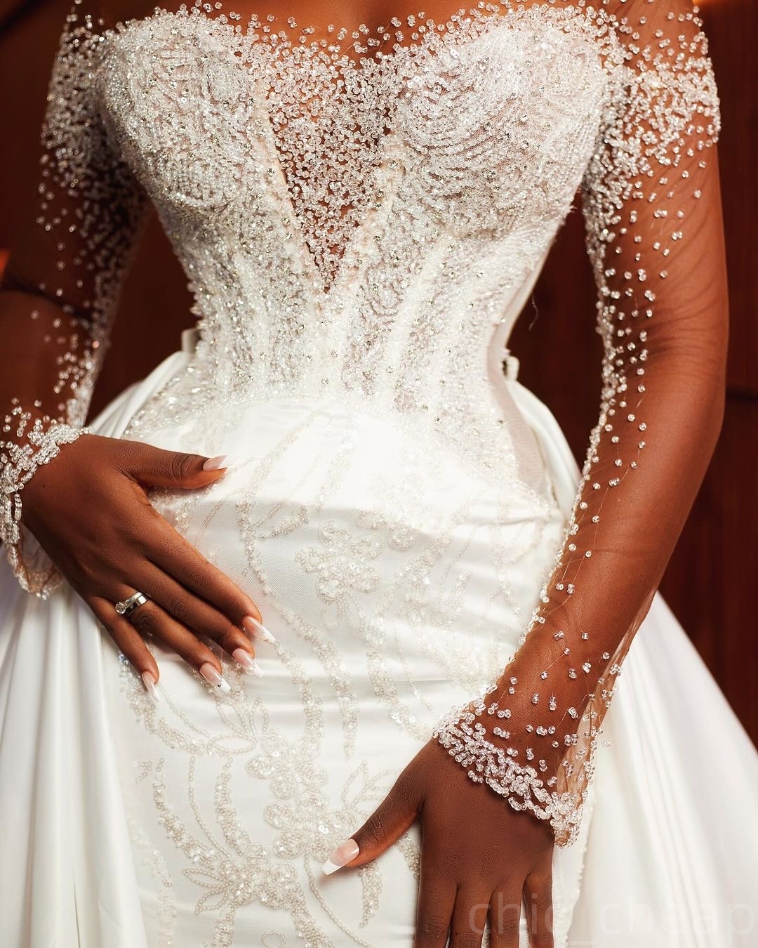 2025 Arabic Aso Ebi Plus Size Ivory Mermaid Wedding Dresses Beaded Full Sleeves Detachable Train Sequined Lace Vintage Bridal Gowns Dress ZJ202