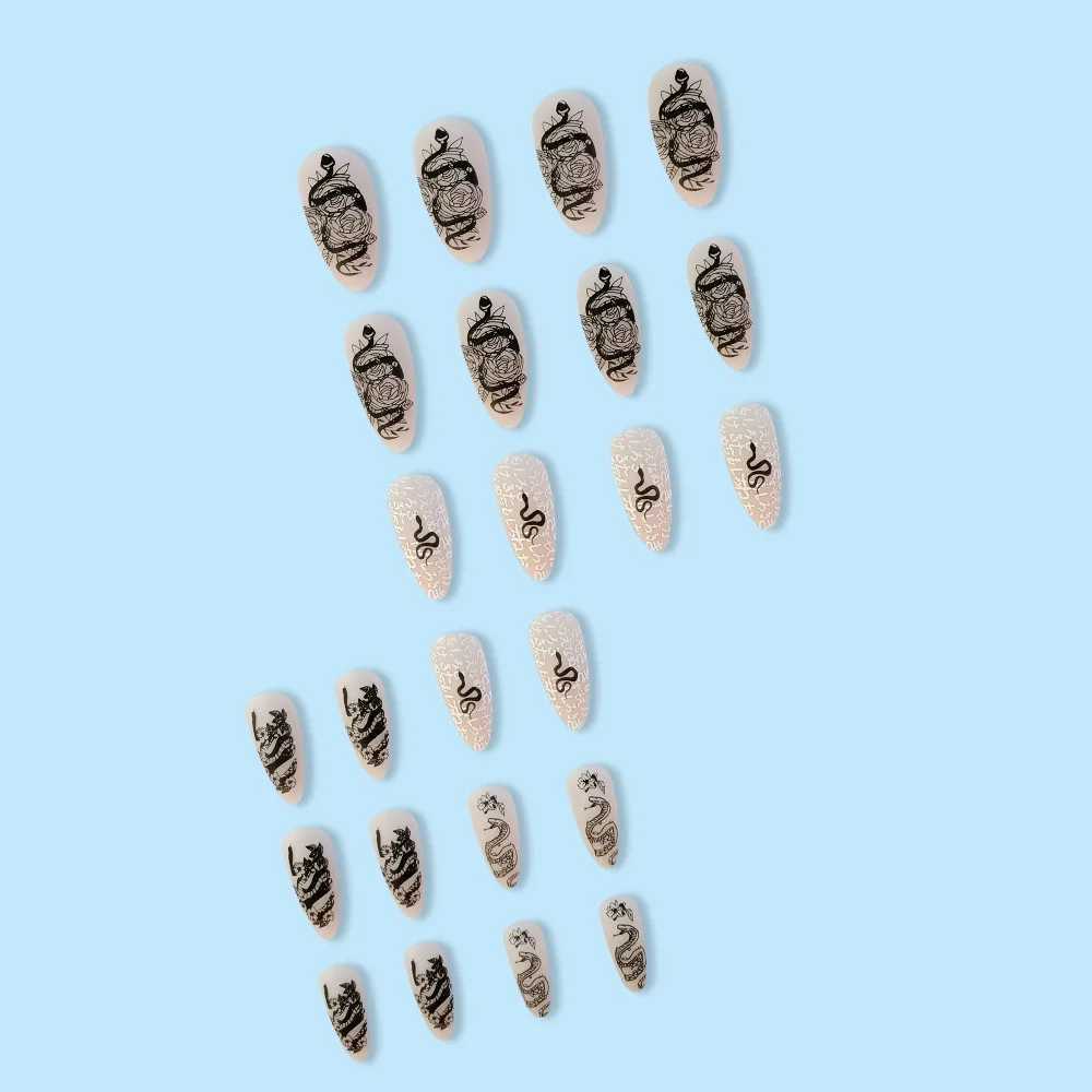 24 pieces of fake nails acrylic glue for medium and long holidays female nails (black and pink French)W241125