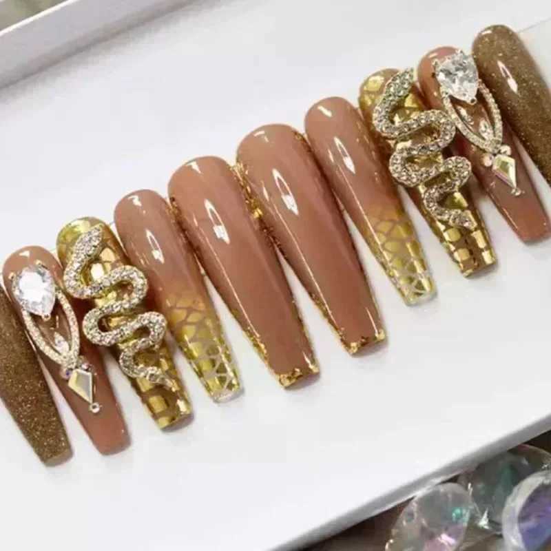 Luxury 24 Pieces Long Coffin Glue Wearable Brown Fake With Rhinestones Ballet Pressed Nails Full Set maquillaje Of Nail Tips H260209