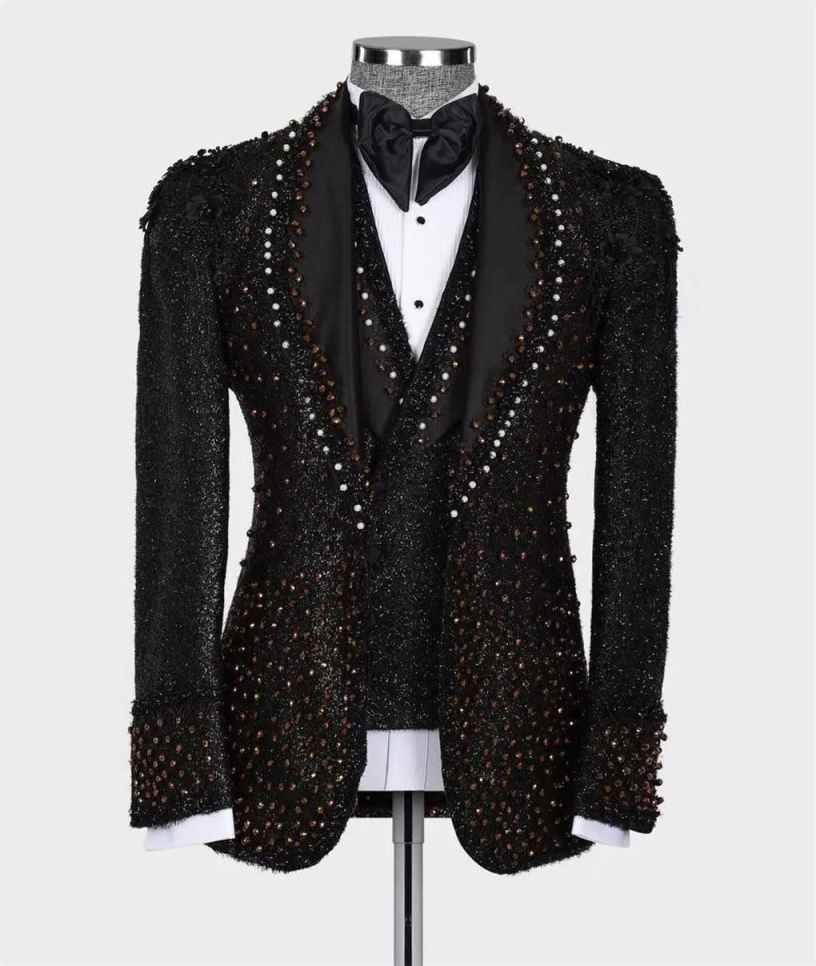 Unique Sequined Mens Wedding Tuxedos Ceremony Slim Fit Crystal Beads Groom Wear Party Birthday Pants Suits 2 Pieces