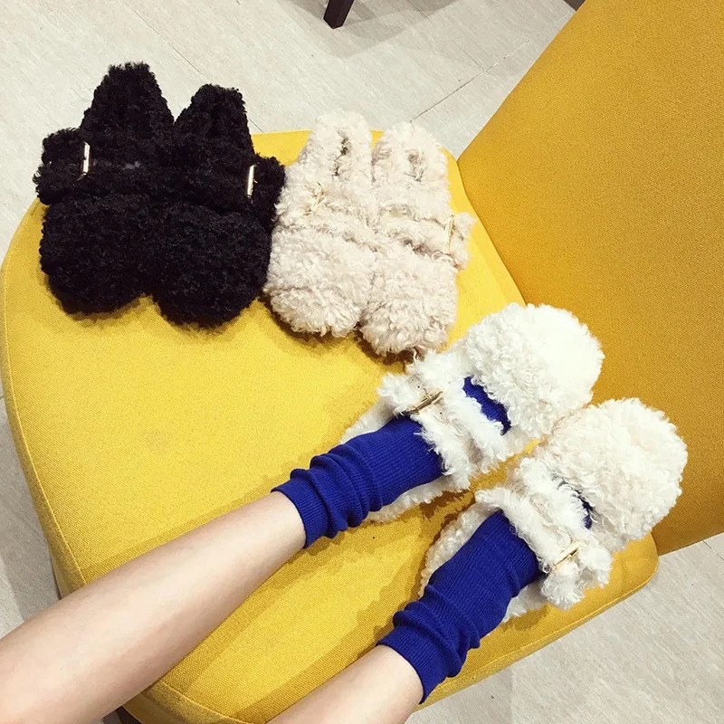 Celebrity Curly lamb wool flats woman metal buckle band furry mary janes ladies winter shoes plush loafers sheep fur moccasins 241125