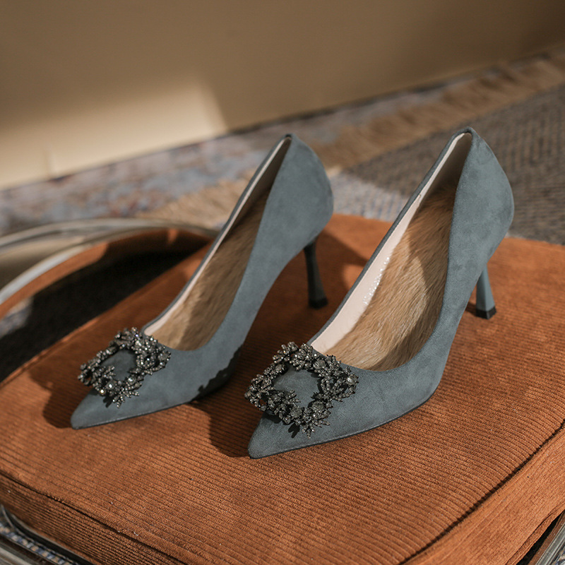 2023 buckle women suede leather pumps 6/8cm thin high heels wedding/party shoes escarpins femme EU35-39