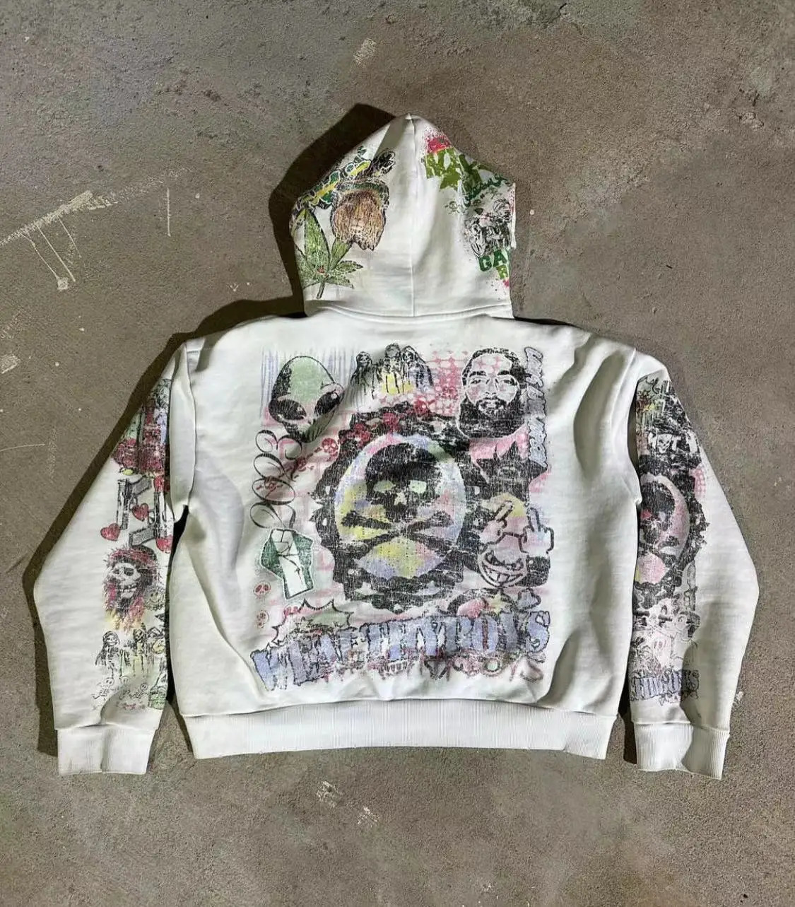 2024 American Retro Hoodie White Personalized Pattern Letter Printing Casual Personalized Hoodie Zipper Long Sleeve Clothing 241125