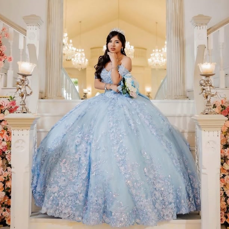 Sky Blue Quinceanera Dresses Off The Shoulder Lace Appliques Bow Beads Corset Party Birthday Vestidos De 15 Anos Sweet 16 Dress