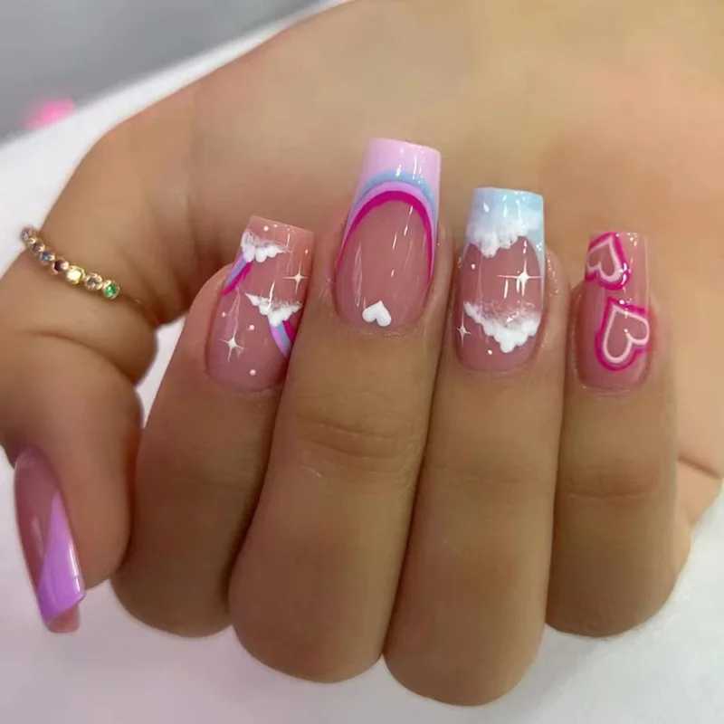 24pcs French White Cloud False Nails Wearable Waterproof Press On Nail Art Full Coverage Faux False Nail Accessories and ToolsW250120
