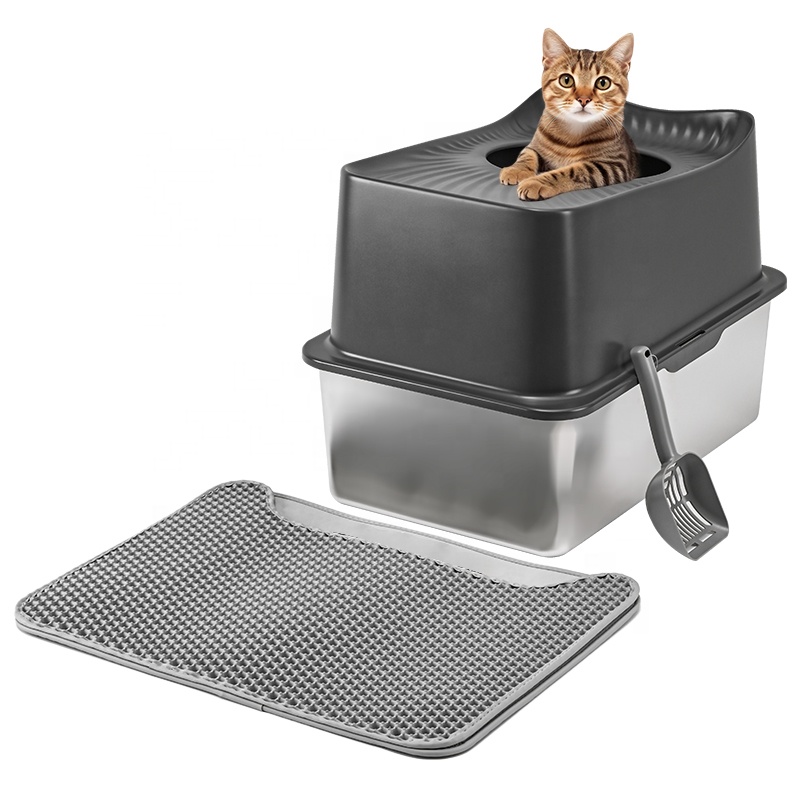 2024 New Design Large Stainless Steel Cat Litter Box with Nonstick High Lid Semi-Enclosed & Fully Enclosed Accessory Options