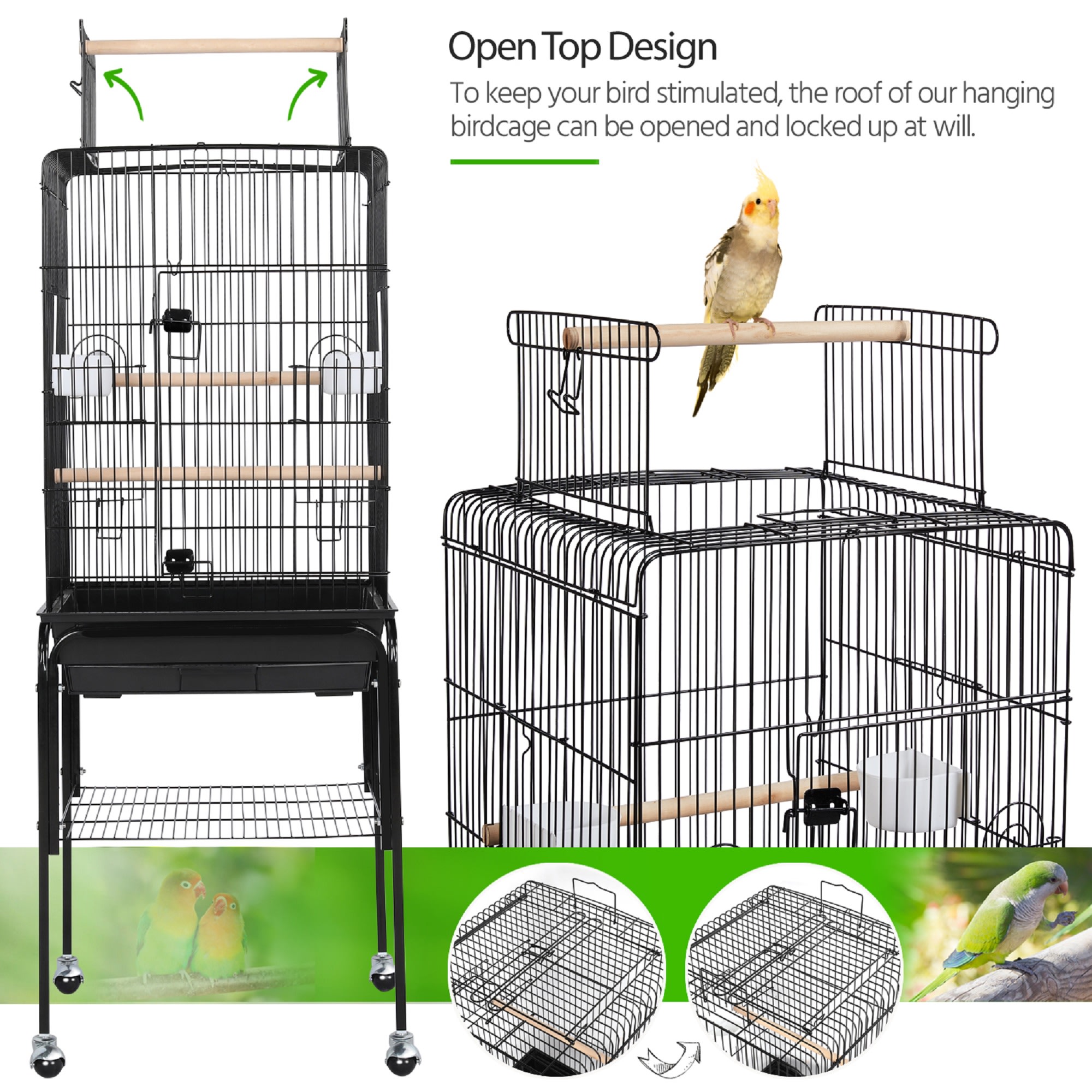 Topeakmart Black Metal Bird Cage with Detachable Rolling Stand for Small Birds, 47" H