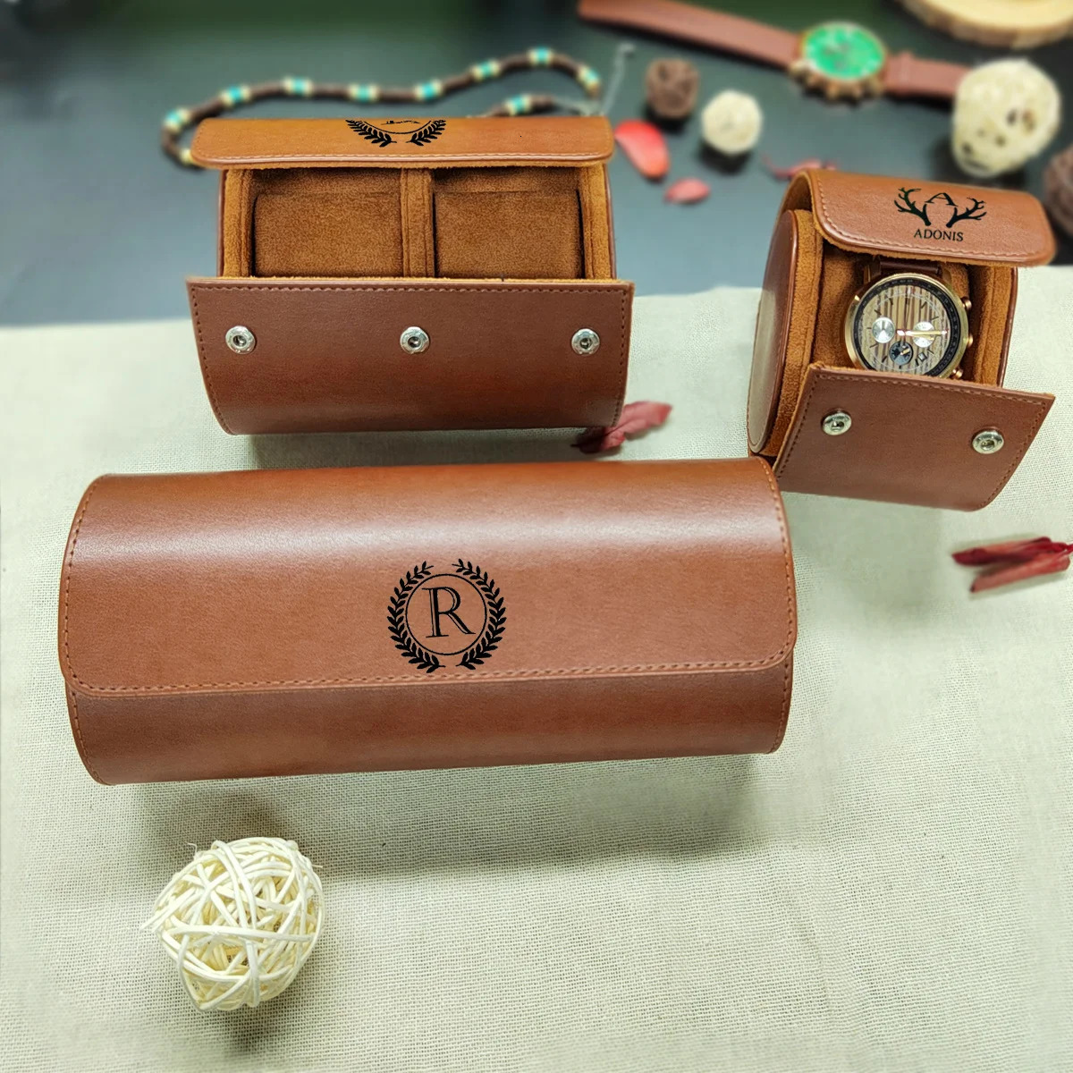 1/2/3-Slot Watch Roll Travel Case Personalized Watch Case Custom Leather Watch Box for Him Engraved Travel Watch Box Mens Gfits 240425