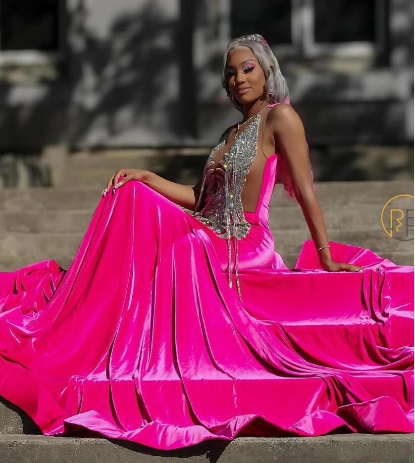 Fuchsia Velvet Sparkly Long Evening Ceremony Formal Dresses for Black Girl Luxury Diamond Tassel Prom Birthday Gala Gown Sheer