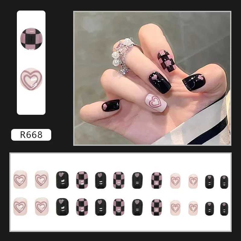 Black checkered wearable pink pressed fake nail tip with adhesive fake nail design butterfly cute girl fake nailW241125