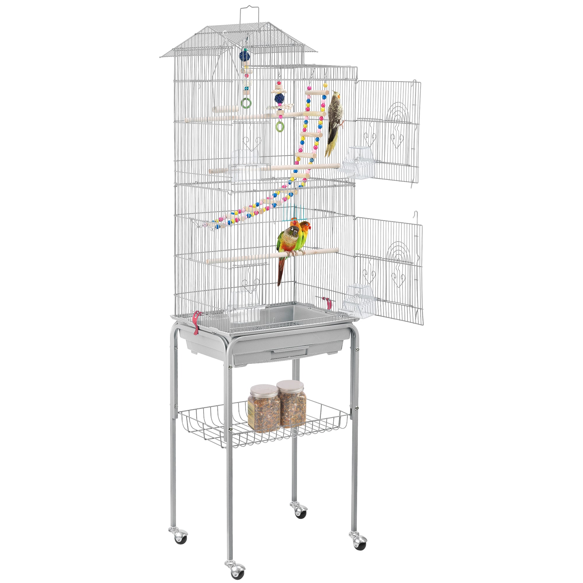 Topeakmart Light Gray Metal Bird Cage with Ladder Toy and Rolling Detachable Stand, 62.4" H