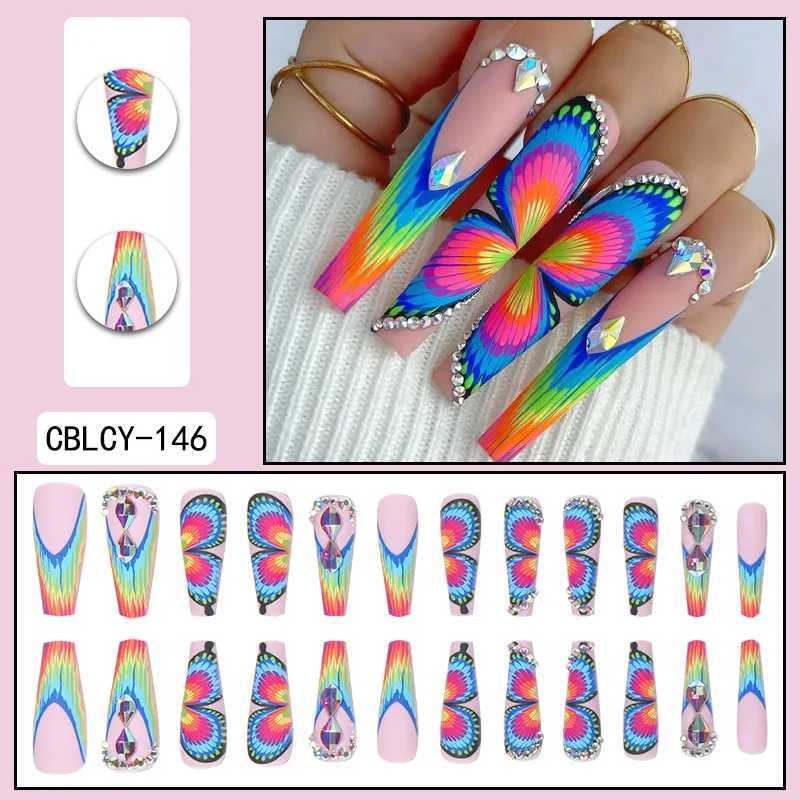 24 long coffins frosted rainbow French and colorful butterfly patterns fake nails a piece of jelly glueW241125