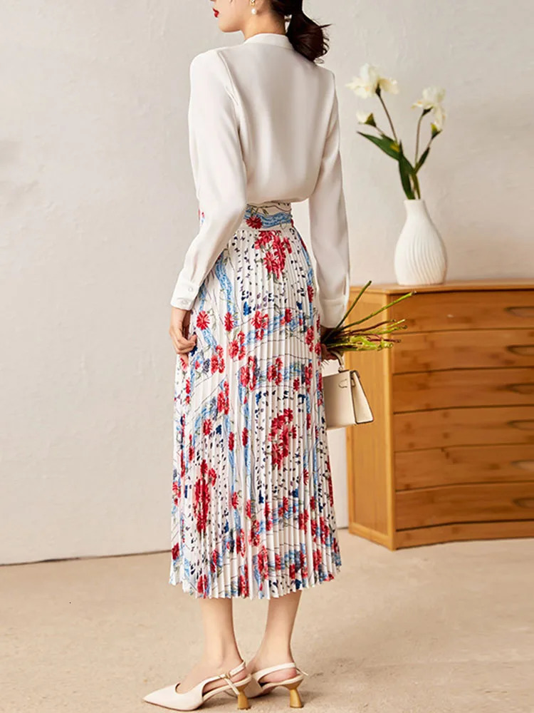ZJYT 2 Piece Dress Sets Women Long Sleeve White Shirt Pleated Skirt Suit Spring Outfit Runway Floral Print Conjuntos De Vestidos 240423
