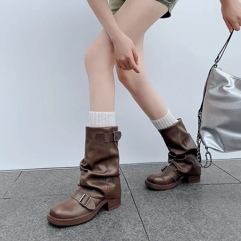 Pleated Buckle Knight Boots for Women Autumn Brown PU Leather Mid Calf Boots Woman Slip-On Thick Heel Riding Botas Mujer 2024 241125