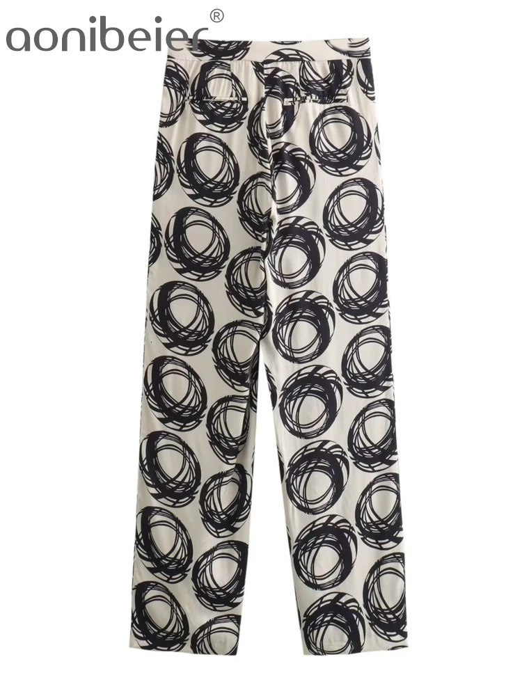 Aonibeier Women Printed 2 Piece Sets Traf Summer Long Sleeve Loose Shirt Oversize Blouse Female Top Wide Leg Pants Suits Y2K 240423