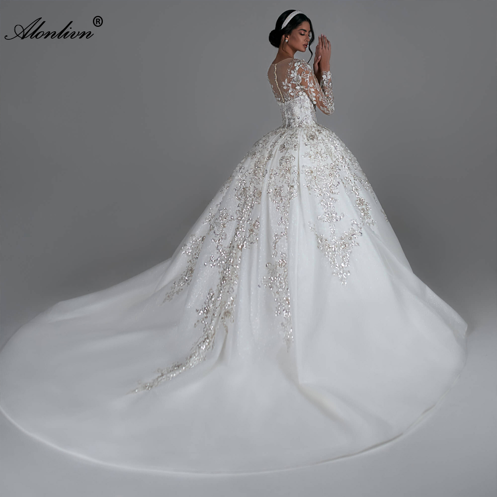 Gorgeous Lace Illusion Scoop Full Sleeves Ball Gown Wedding Dress Beading Pearls Appliques Prints princess Bridal Gowns Back With Button