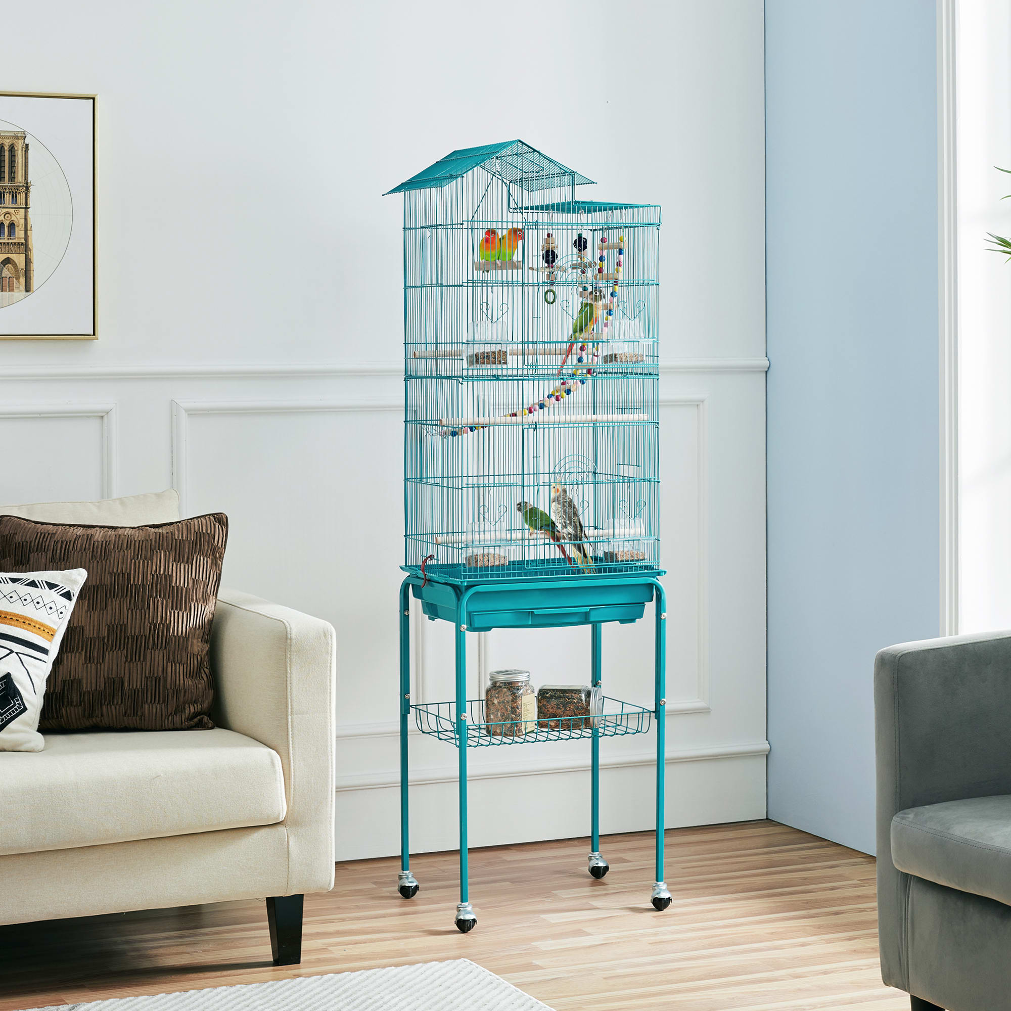 Topeakmart Teal Blue Metal Bird Cage with Ladder Toy and Rolling Detachable Stand, 62.4" H