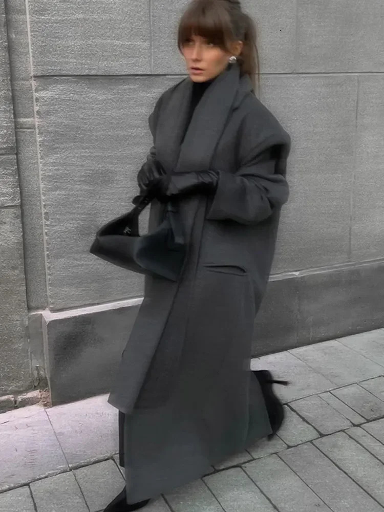 Elegant and warm scarf collar long sleeved coat fashionable solid double-layer pocket wool coat womens winter long sleeved 241122