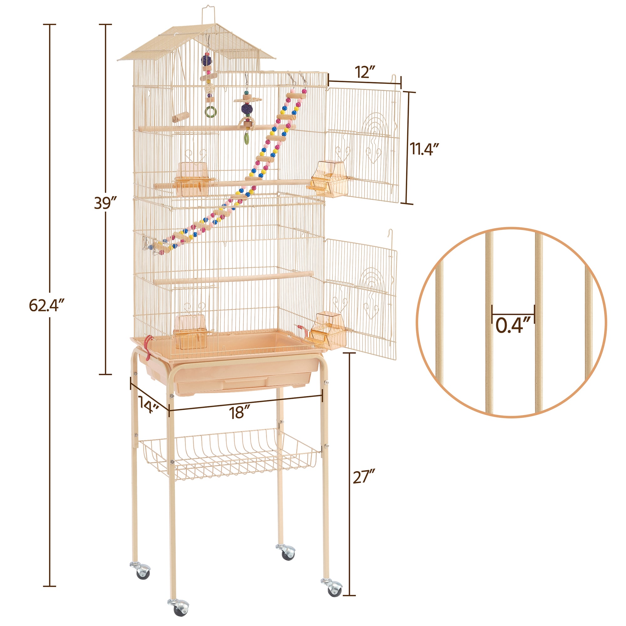 Topeakmart Almond Metal Bird Cage with Ladder Toy and Rolling Detachable Stand, 62.4" H