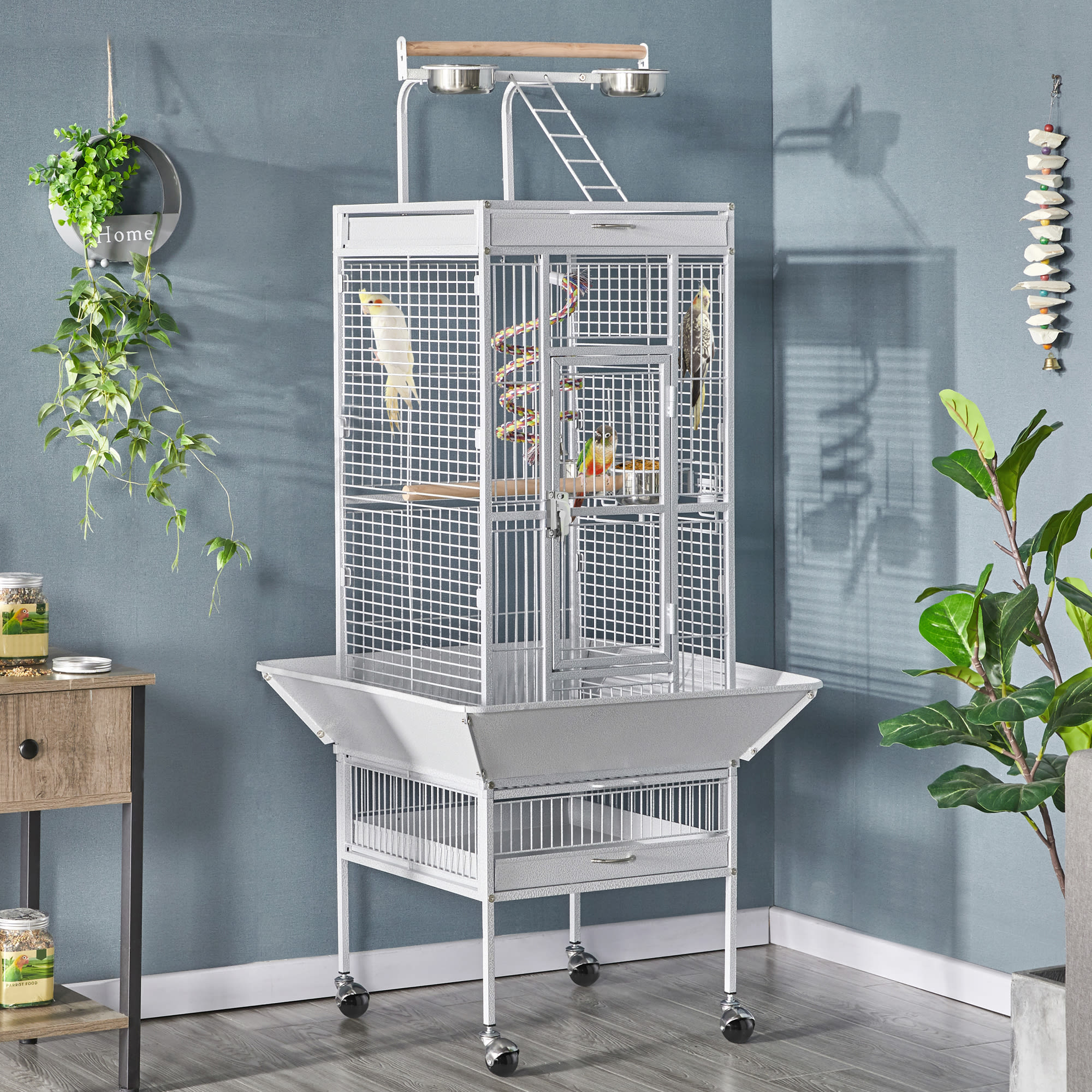 Topeakmart White Large Bird Cage with Play Top and Detachable Stand, 61.5" H