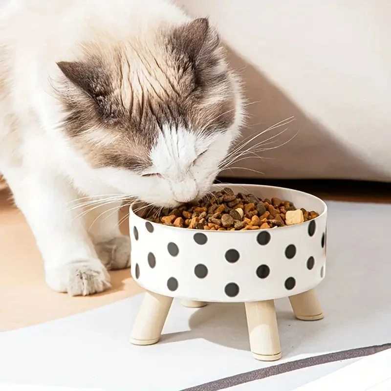 Pet bowl polka dot checkered high-legged cat bowl dog bowl heightened neck protection food and water pet suppliesXJ241125