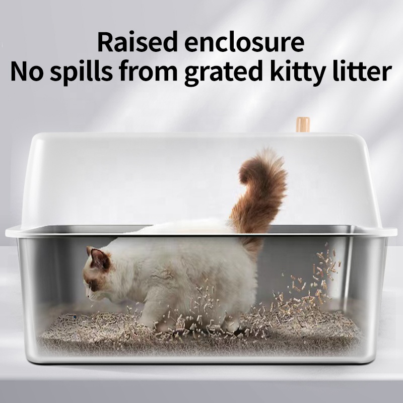 Oversized Stainless Steel Cat Litter Box Raised Enclosure Splash-Proof Material Easy Clean Odorless Open Cat Toilet Accessory