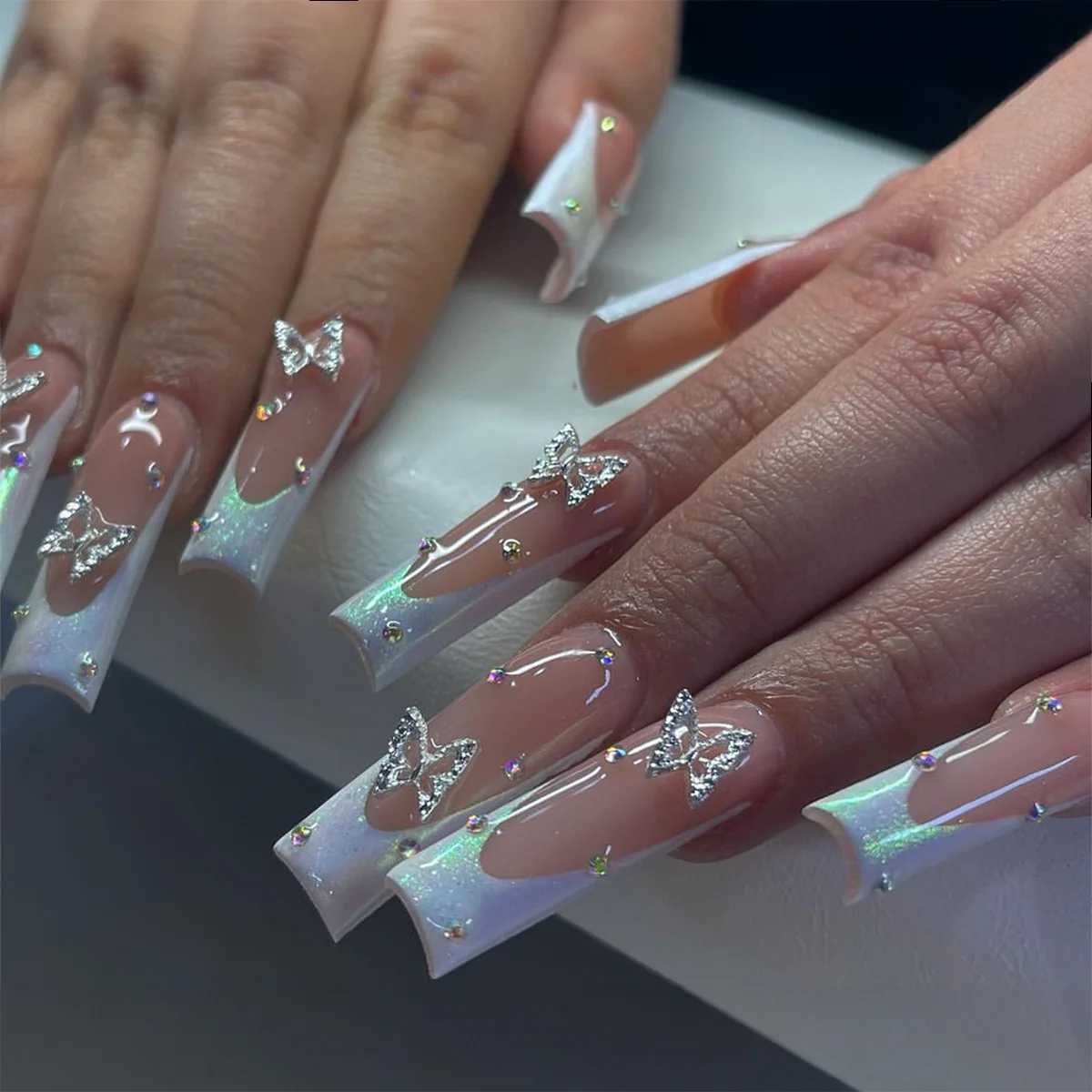 24pcs 3D Fake Nails Pink Plum Blossom Decoration Long Coffin Ballet Fake Nails Detachable Girl Handmade Nail TipsW241125