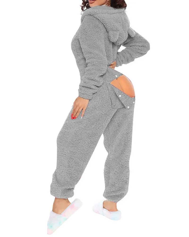 Ueteey Sexy Pyjama Jumpsuits for Women 3D Ear Buttoned Flap Functional Long Sleeve Plush Velvet Hooded Home Lounge Jumpsuit 241125