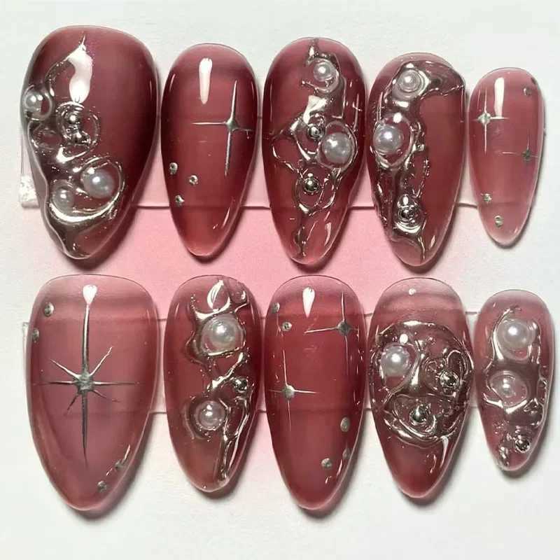24 pieces of pink almond fake nail butterfly ballet designed in France wearable fake nailsW241125