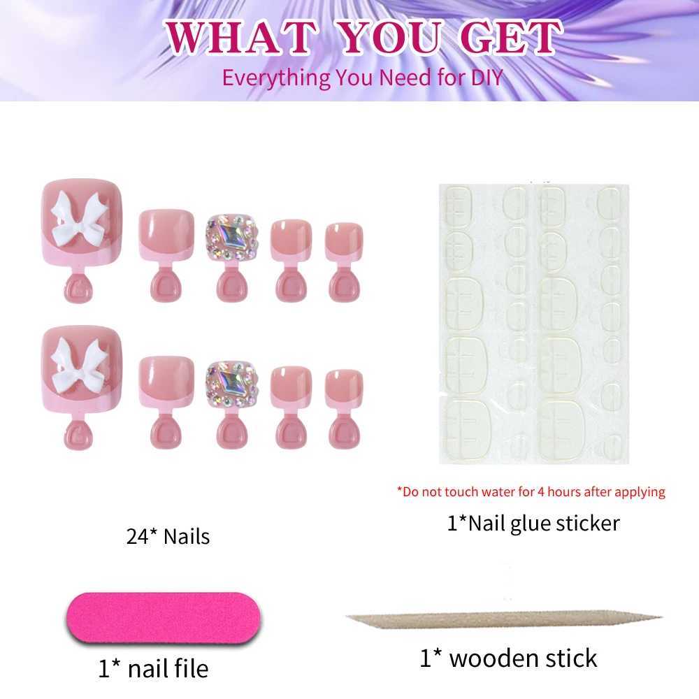 24 pieces of press detachable toenail short fake nail white bow sticky diamond design square nails reusable suitable for womenW241125