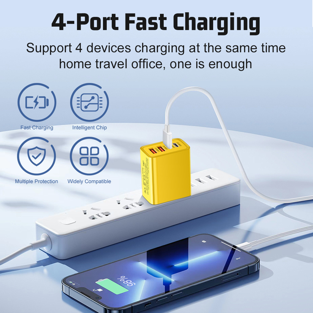 40W 4-Port Block Charging Dual Type C Power Adapter+QC Double USB A Port Wall Plug Multiple Mobile Phone Charger for iPhone Samsung