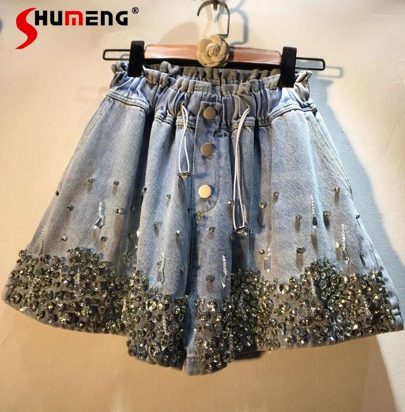 Women's Jeans Rhinestone Denim Shorts Woman Summer Wear Heavy Industry Tassel Bead Dia-Embedded High Waist Wide-Leg Jean Free shippin