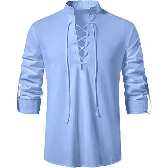 Spring Summer New Men's Cotton And En Henry Shirt Foreign Trade European Size Long Sleeved Casual Stand Collar Ing B2