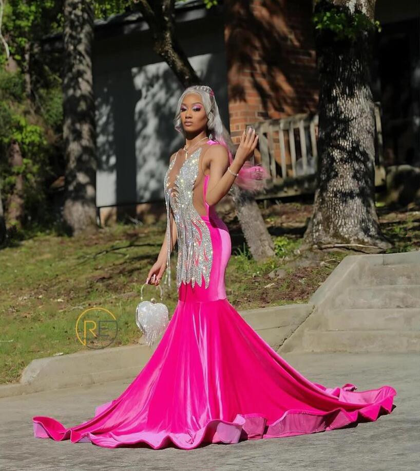 Fuchsia Velvet Sparkly Long Evening Ceremony Formal Dresses for Black Girl Luxury Diamond Tassel Prom Birthday Gala Gown Sheer
