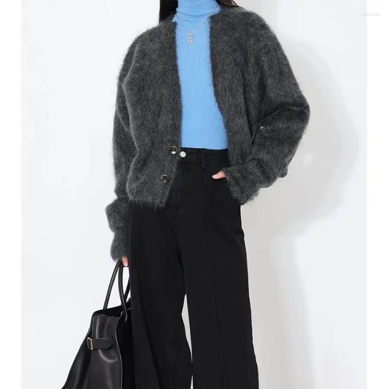 Women's Knits Mink Mohair Brown Sweater Knitted Cardigan Jacket Wool Top